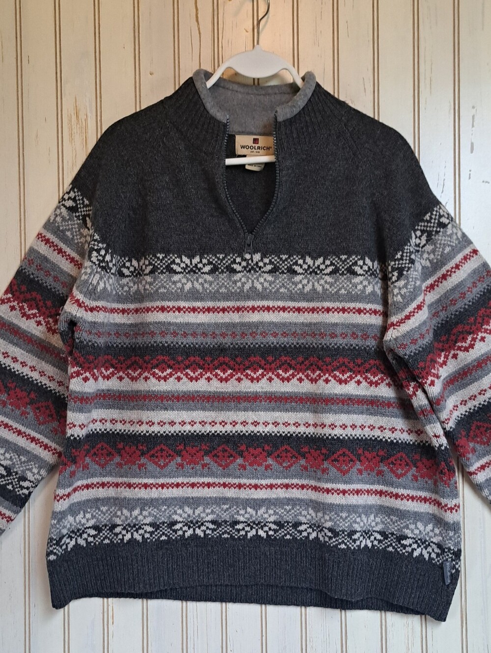 Ladies Woolrich Sweater Fair Isle 100% Lambs Wool Grays Red 1/4 Zip Cozy XL